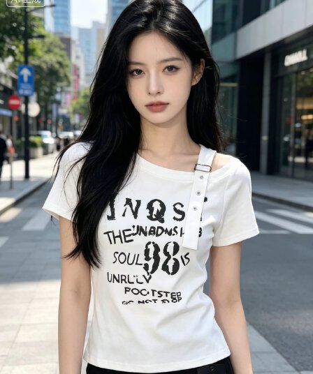 한 부서 2026 여름 새로운 외국 가스 ins 트렌디 슬림해 보이는 다용도 알파벳 프린트 비스듬한 어깨 반팔 티셔츠