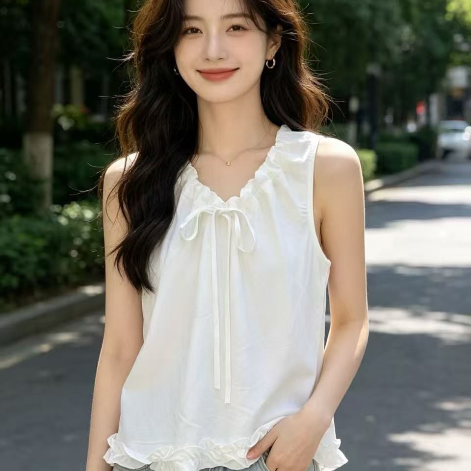 프랑스식 V넥 레이스업 프릴 민소매 여성 셔츠 여름 새로운 루즈핏 슬림해 보이는 조끼 달콤함 작은 셔츠 맨위