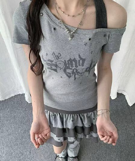 solpaw 빛 아시아 인 그리드 레이 바람 징 알파벳 비스듬한 칼라 반팔 티셔츠 여성 여름 y2k 몸매 가꾸기 슬림해 보이는 맨위