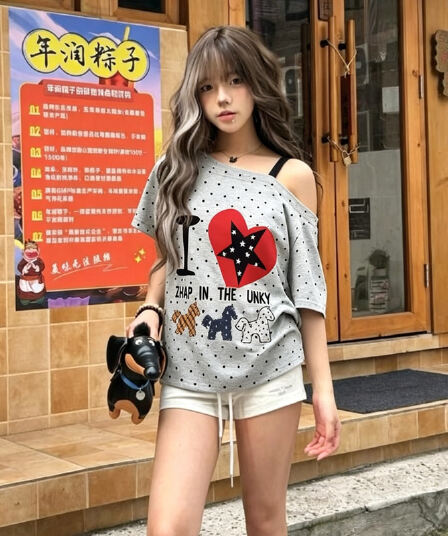 도파민 전체 인쇄 도트 무늬 반팔 티셔츠 여성 비스듬한 어깨 의류 아메리칸 알파벳 프린트 오프숄더 핫걸 거리 트렌디 ins