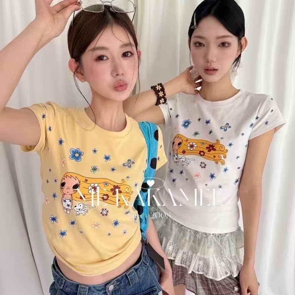 봄 여름 한 부서 달콤한 차가운 만화 채 사출하다 작은 에디션 높은 탄력성 반팔 티셔츠 여성 슬림해 보이는 긍정적 인 어깨 의류