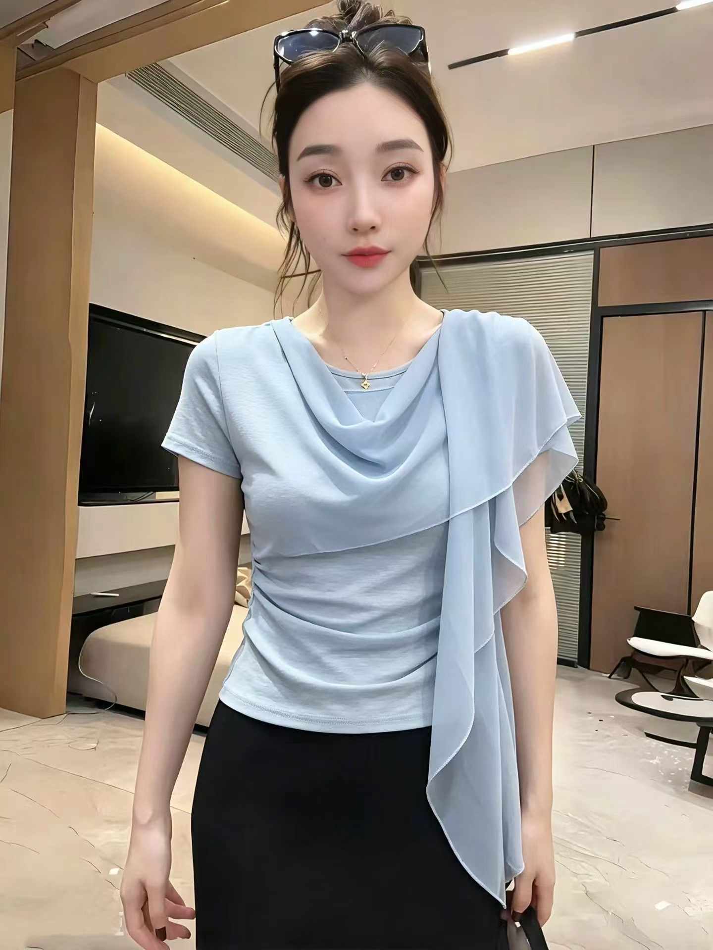 봄 가을 여름 새로운 흔들다 칼라 패션 미니멀리즘 외국 가스 반팔 티셔츠 여성 의류 허리 수축 스트랩 디자인 캐주얼 맨위