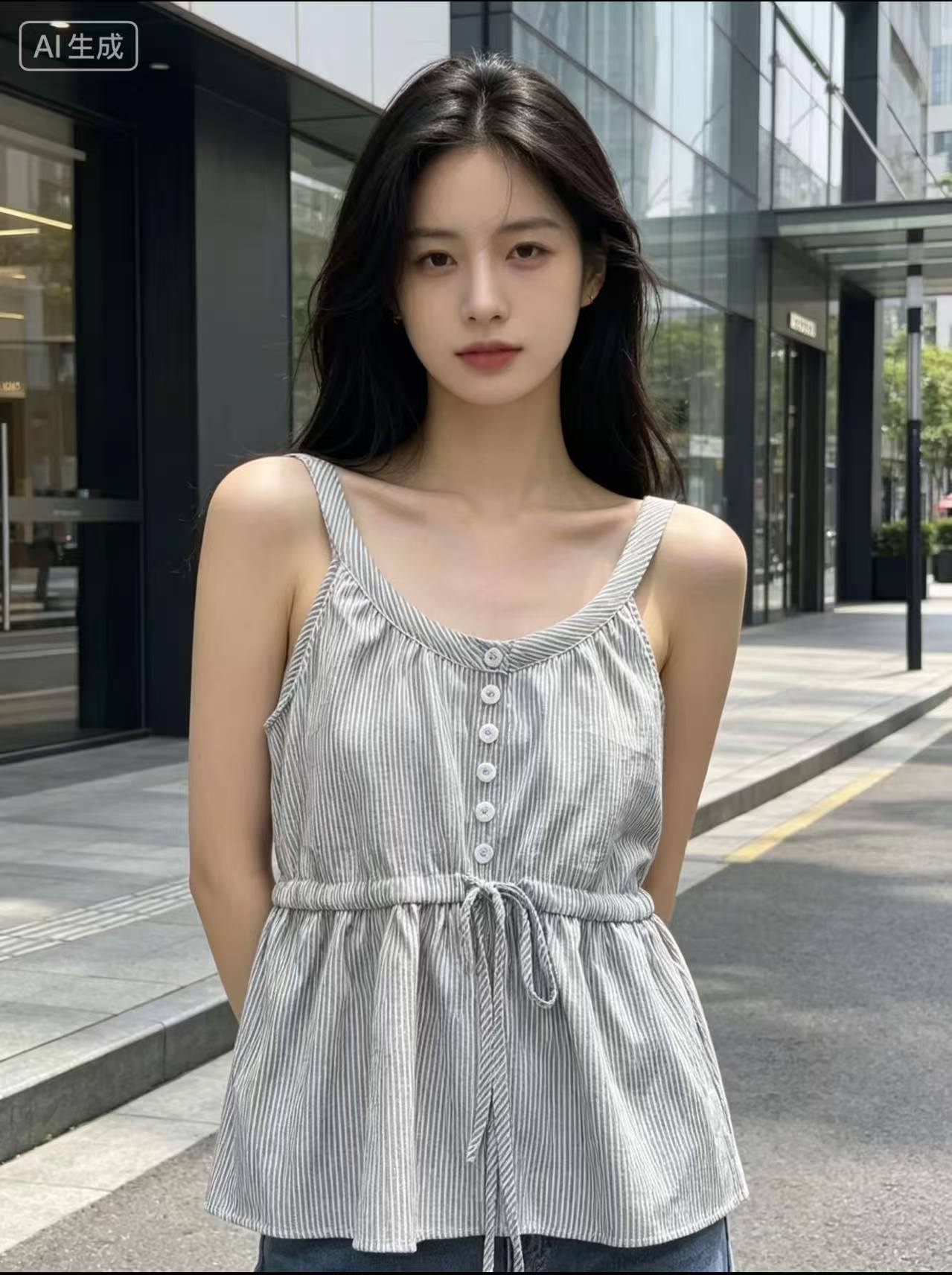 디자인 센스 외국 가스 레이스 캐미솔 2026 년 새로운 파란색 스트라이프 다용도 캐주얼 슈퍼 잘 생긴 맨위