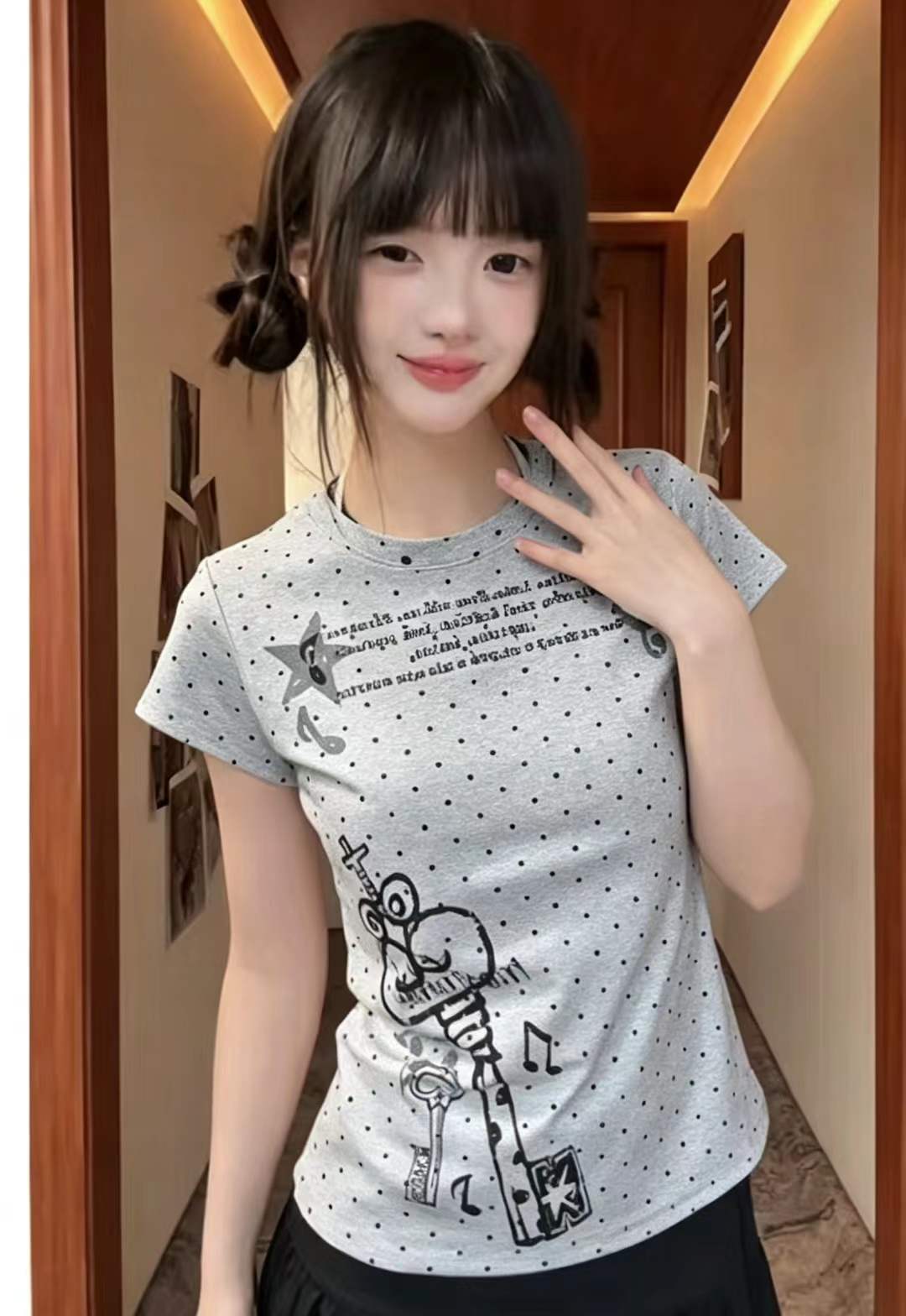 아메리칸 핫걸 바람 도트 무늬 알파벳 전체 인쇄 반팔 티셔츠 여성 여름 한 부서 몸매 가꾸기 슬림해 보이는 캐주얼 쇼트 스타일 맨위