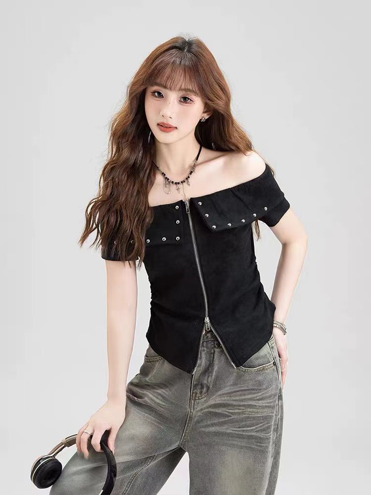 검정색 오프숄더 디자인 센스 반팔 티셔츠 여성 여름 새로운 작은 대중 더블 지퍼 몸매 가꾸기 슬림해 보이는 다용도 맨위