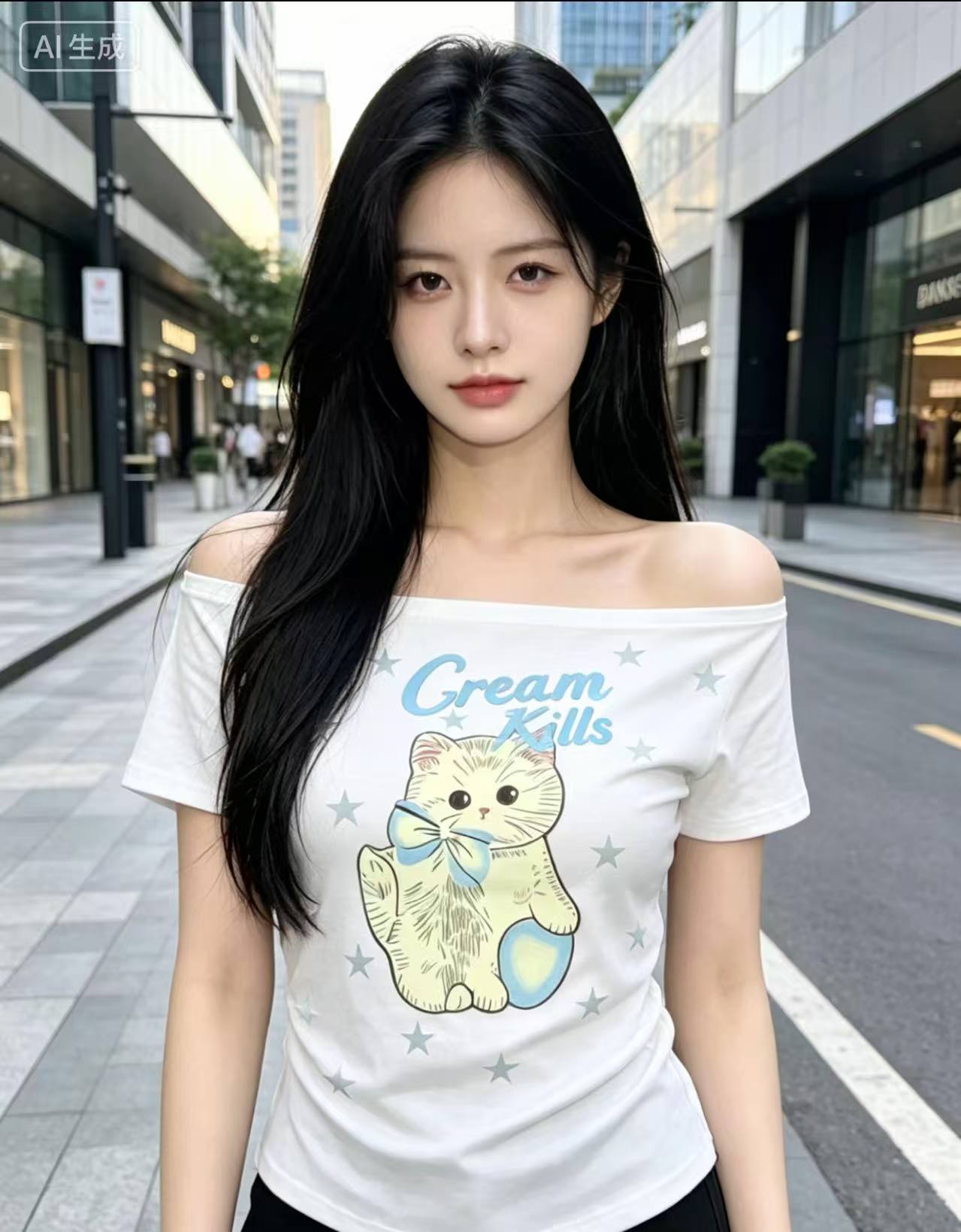 2026 여름 새로운 달콤한 차가운 바람 고양이 프린트 오프숄더 티셔츠 여성 순수한 욕망 오프숄더 몸매 가꾸기 핫걸 맨위