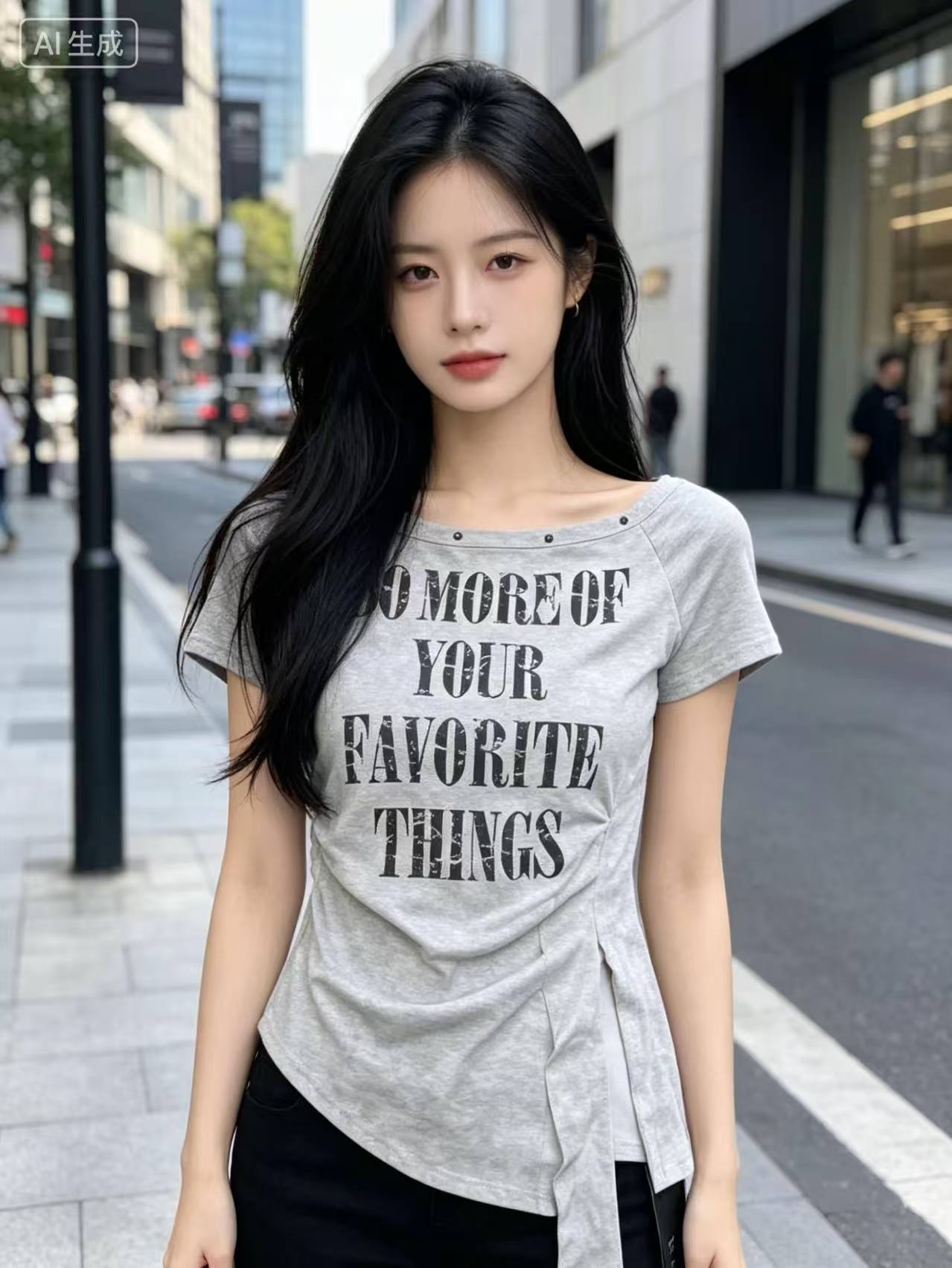 핫걸 바람 보트넥 알파벳 프린트 반팔 티셔츠 여성 여름 몸매 가꾸기 허리 수축 주름 맨위