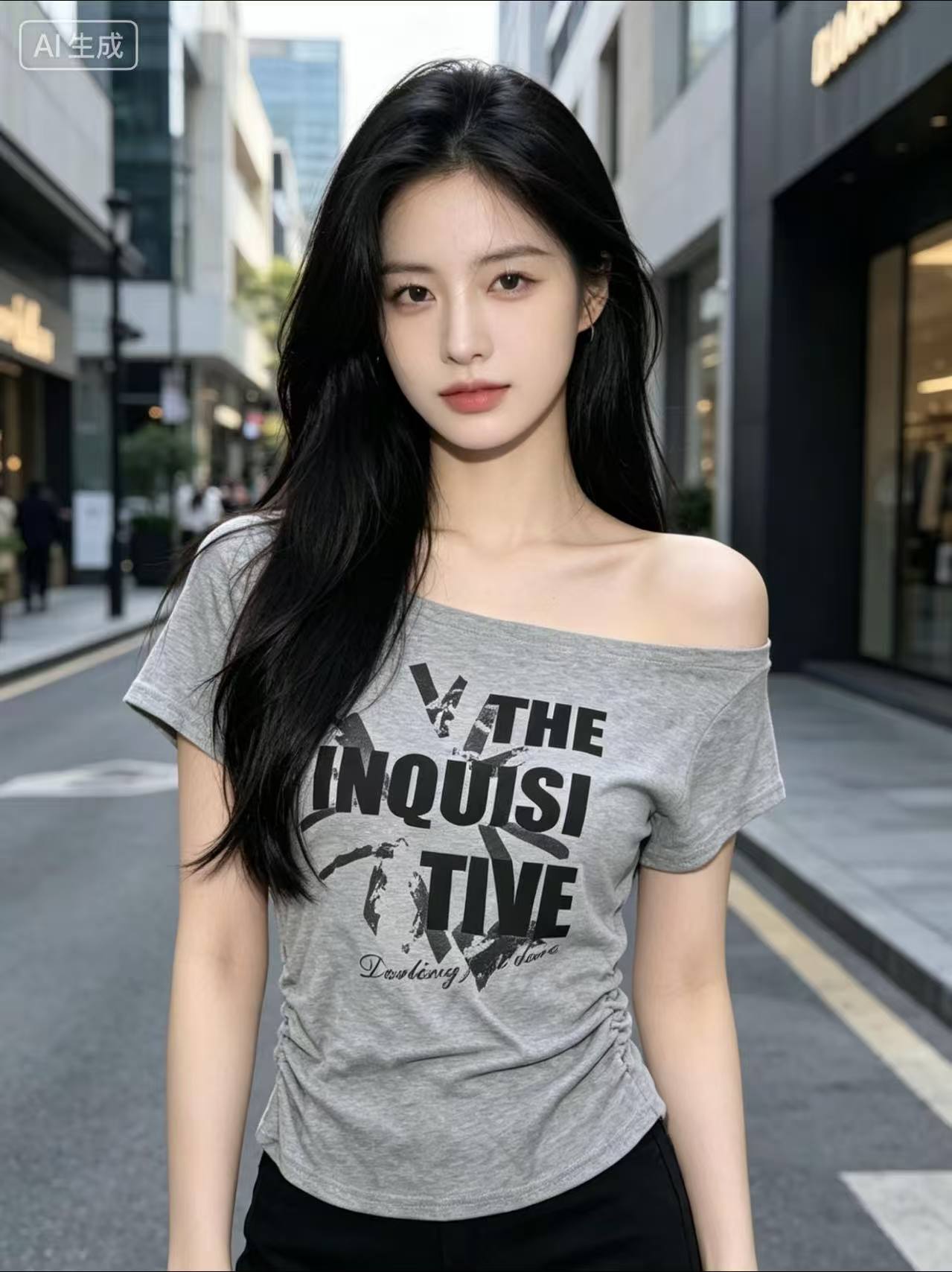2026 여름 아메리칸 핫걸 바람 비스듬한 어깨 알파벳 프린트 반팔 티셔츠 여성 디자인 센스 몸매 가꾸기 맨위
