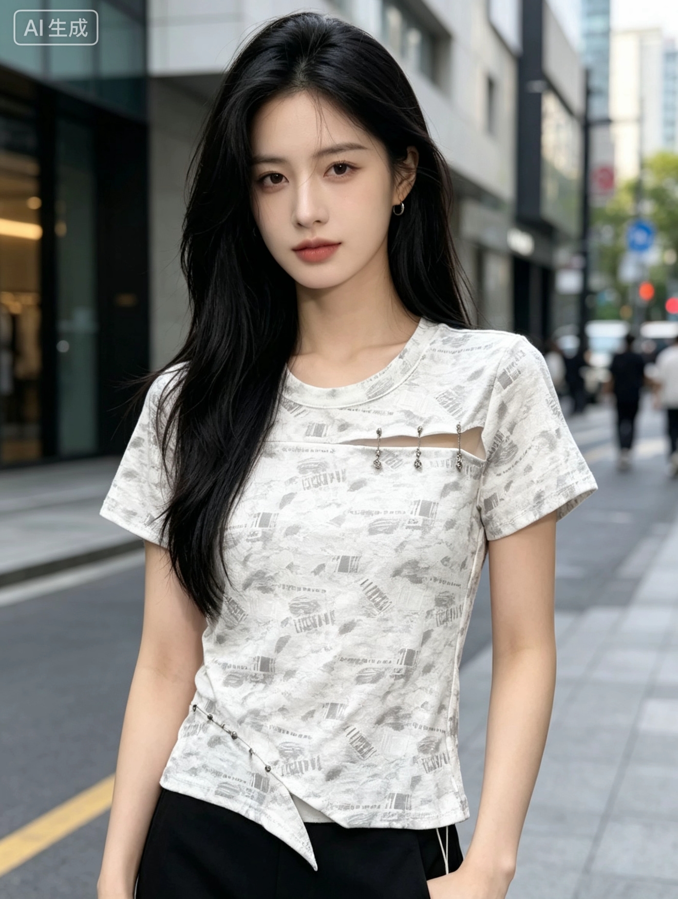 여름 라운드 넥 홀치기 염색 패치워크 긍정적 인 어깨 반팔 티셔츠 여성 2026 새로운 레트로 찢어진 부분 몸매 가꾸기 징 맨위