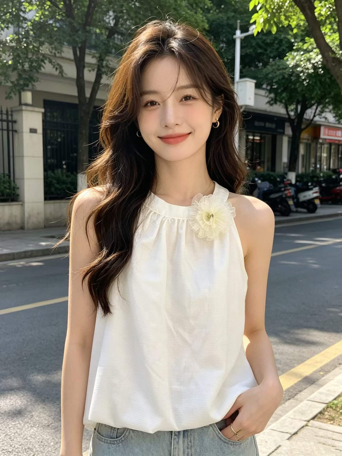 순수한 욕망 3 차원 꽃 리본 행침 목 조끼 여성 여름 휴가 바람 꽃밭 작은 셔츠 핫걸 절단 어깨 쉬폰 톱