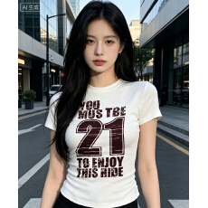 批发美式复古字母正肩短袖t恤女2026夏季新款修身显瘦甜辣妹收腰上衣