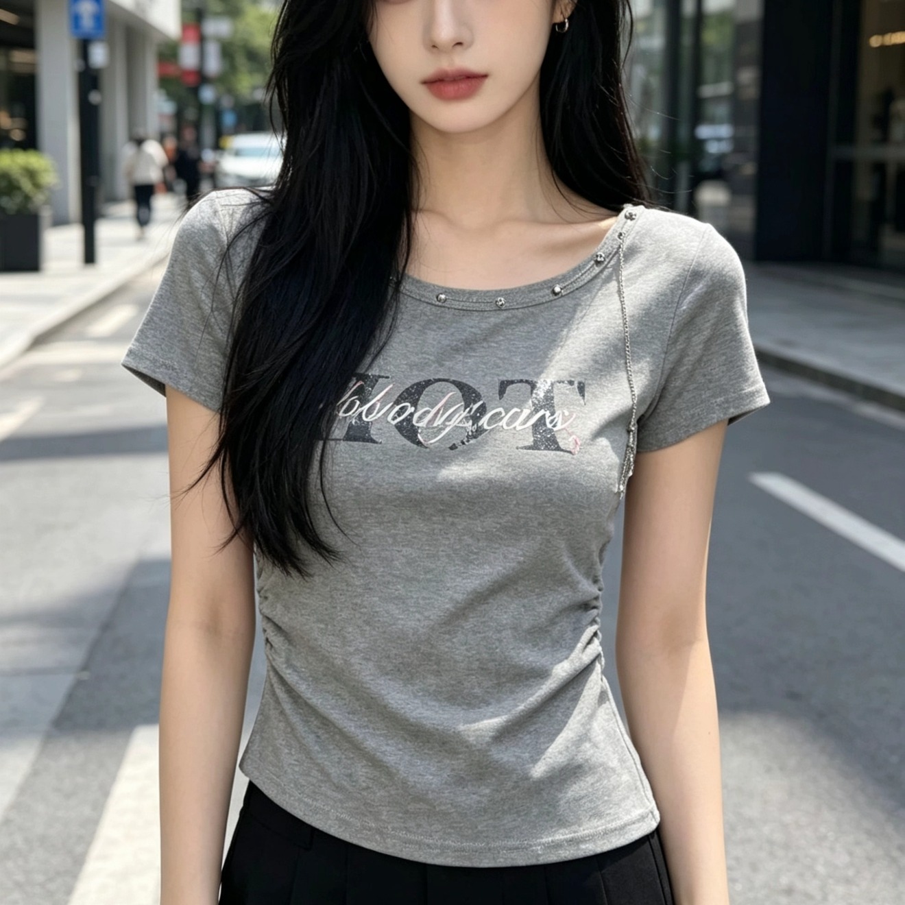 아메리칸 핫걸 바람 버드 나무 못 비스듬한 어깨 반팔 티셔츠 여성 여름 2026 새로운 패션 연령 감소 외국 가스 몸매 가꾸기 맨위
