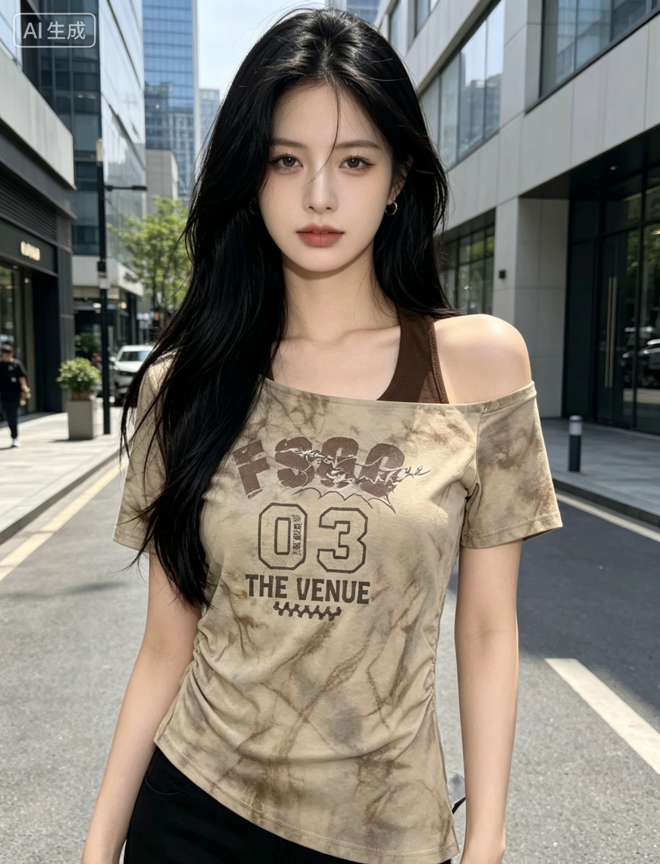 디자인 센스 헤일로 염색 비스듬한 어깨 행침 목 반팔 티셔츠 여성 여름 새로운 알파벳 프린트 몸매 가꾸기 불규칙 핫걸 맨위