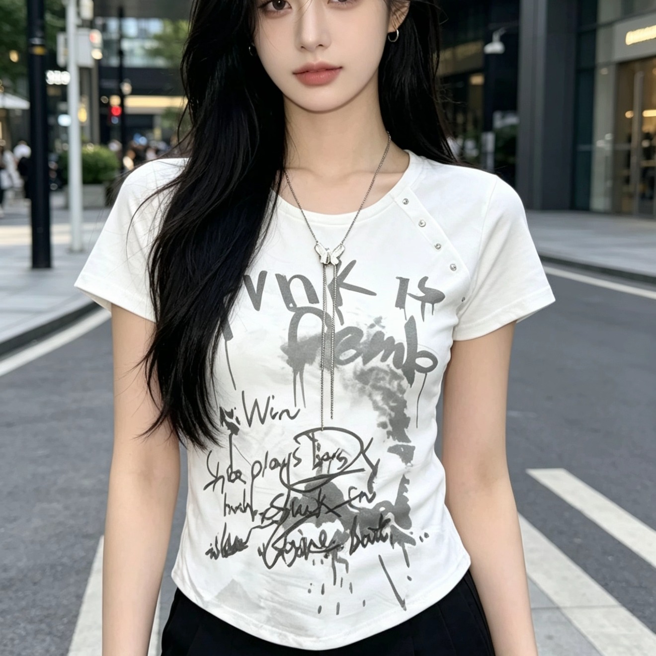 아메리칸 레트로 펑크 프린트 라운드 넥 반팔 티셔츠 여성 숯 문화 몸매 가꾸기 쇼트 스타일 핫걸 맨위