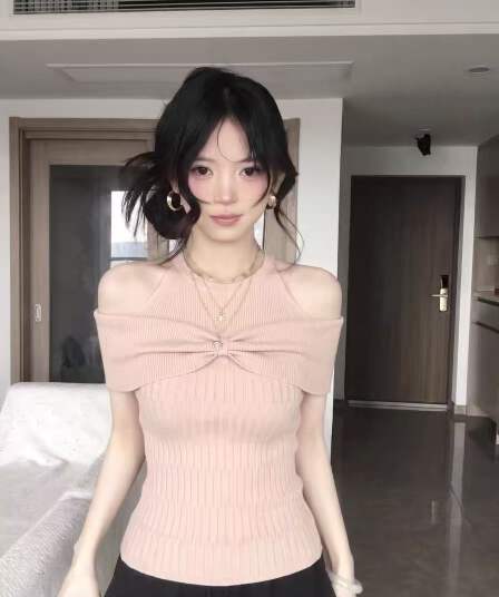 한 부서 부드러운 바람 행침 목 오프숄더 허리 수축 니트 맨위 분위기 센스 행침 목 비틀림 오프숄더 니트 맨위