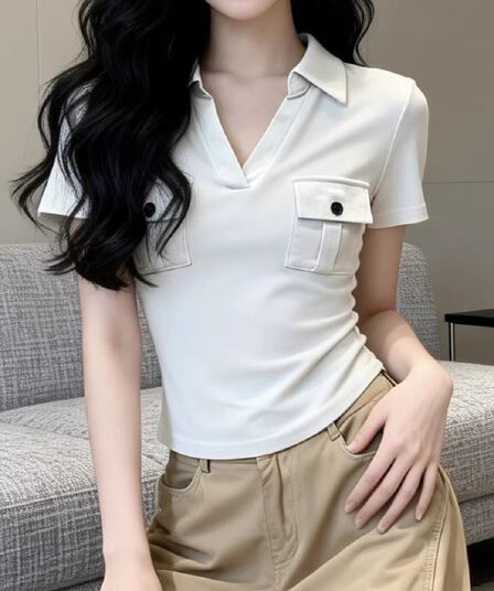 로얄 자매 품격 오래된 돈 바람 반 개방 폴로 칼라 칼라 반팔 티셔츠 여성 여름 몸매 가꾸기 슬림해 보이는 자이언트 잘 생긴 쇼트 스타일 맨위