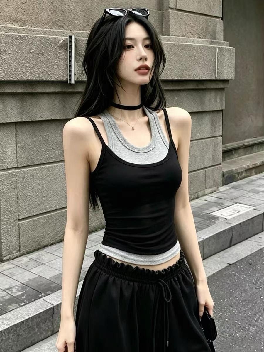 핫걸 바람 배색 패치워크 u 칼라 조끼 여성 여름 외출용 페이크 레이어드 슬립 표지 대리인 우유 몸매 가꾸기 맨위 인사이드 가져 가라.