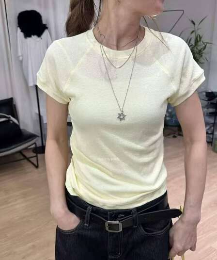 아름다움 마이크로 ~을 통해 기초 섹션 핫걸 바람 삽입 어깨 소매 긍정적 인 어깨 반팔 티셔츠 여성 짧은 단색 여름