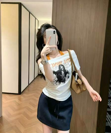 아메리칸 순수한 욕망 핫걸 인물 알파벳 프린트 행침 목 디자인 반팔 티셔츠 여성 여름 고유 한 아름다운 ins 맨위