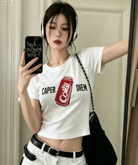 한국 스타일 음료 프린트 반팔 티셔츠 여성 여름 새로운 라운드 넥 다용도 몸매 가꾸기 슬림해 보이는 쇼트 스타일 핫걸 맨위 트렌디