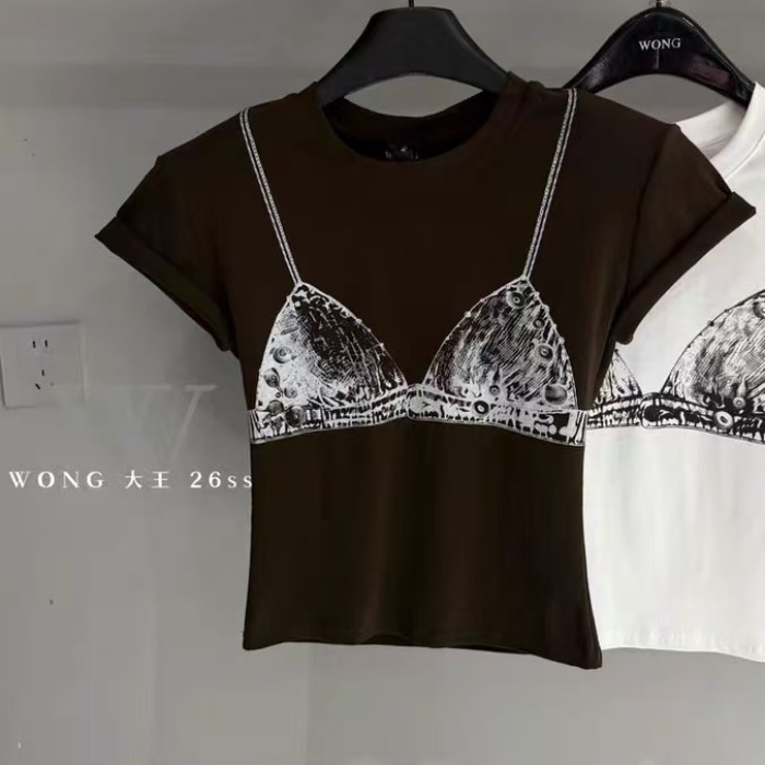 열세 개 여름 새로운 패션 다용도 라운드 넥 알파벳 프린트 반팔 티셔츠 여성 몸매 가꾸기 슬림해 보이는 맨위 여성