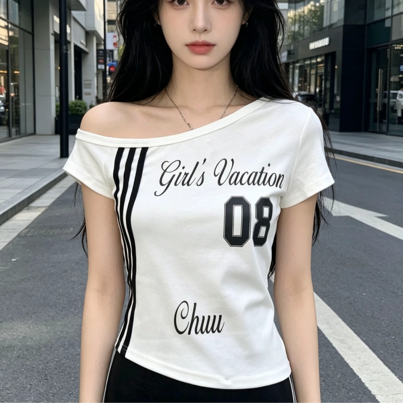 아메리칸 레트로 알파벳 프린트 비스듬한 어깨 반팔 티셔츠 여성 여름 핫걸 몸매 가꾸기 슬림해 보이는 오프숄더 쇼트 스타일 맨위 트렌디