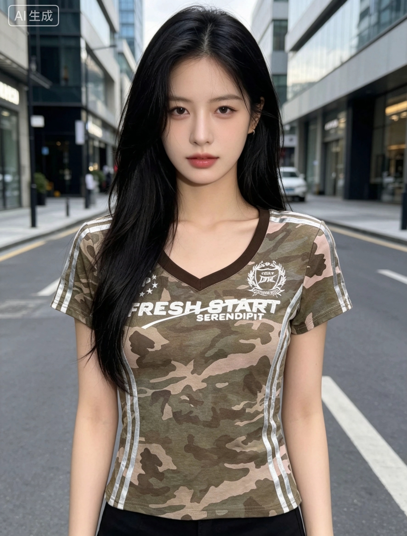 패션 외국 가스 배색 V넥 알파벳 프린트 카모플라주 반팔 티셔츠 여성 여름 새로운 아메리칸 레트로 몸매 가꾸기 맨위