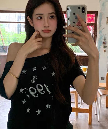 양성 및 음성 양면 착용 십자가 비스듬한 어깨 의류 아메리칸 레트로 핫걸 오프숄더 반팔 티셔츠 여름