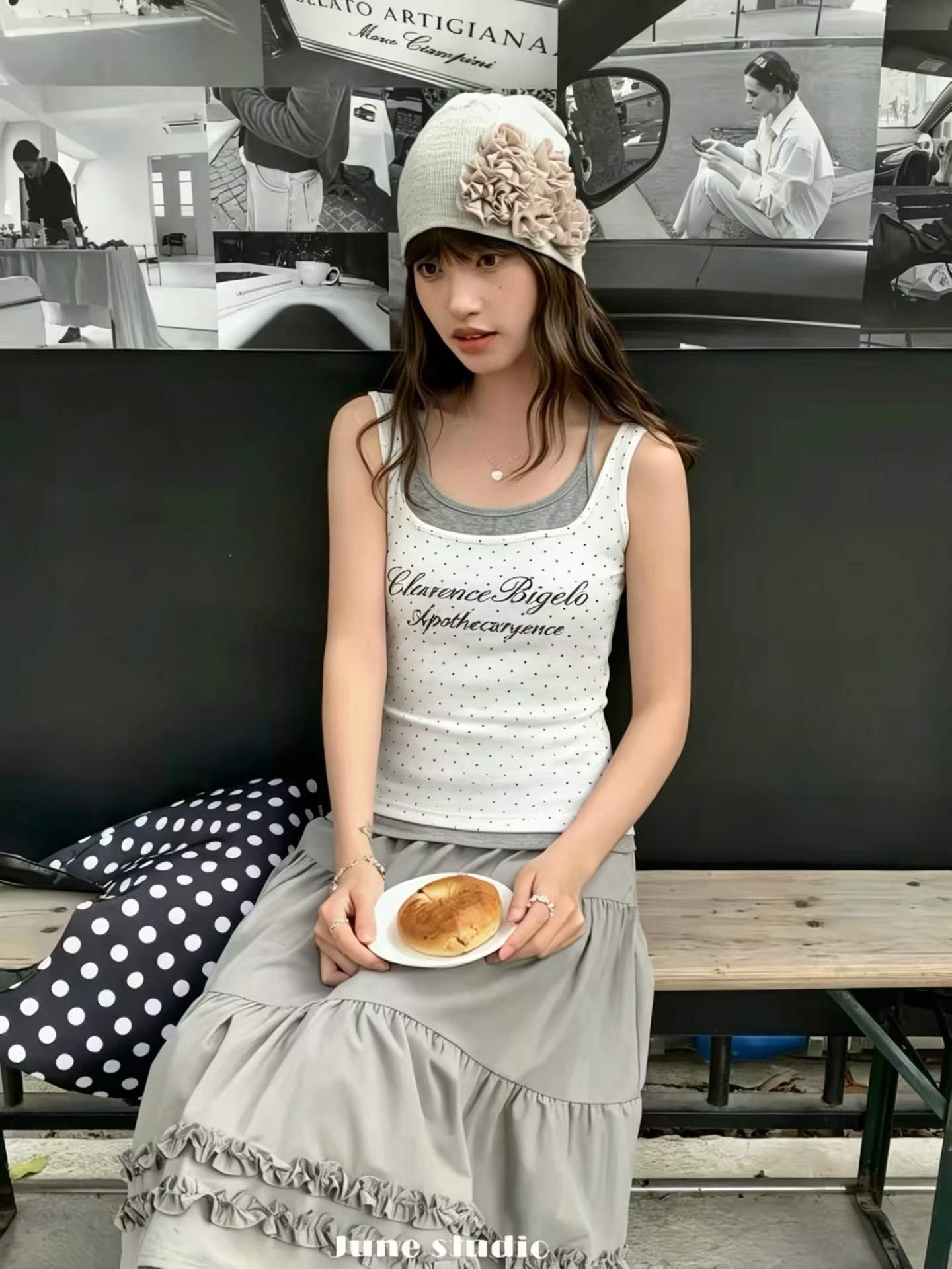 휴가 바람 배색 페이크 레이어드 도트 무늬 알파벳 패치워크 센스 캐미솔 순수한 욕망 바람 아름다움 뒤로 작은 셔츠