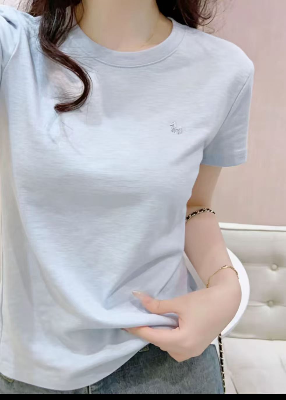 작은 말 자수 대나무 마디 면 반팔 티셔츠 여성 여름 얇은 스타일 슬림해 보이는 자이언트 잘 생긴 우유 파란색 티셔츠 맨위