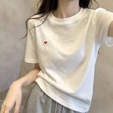 批发白色正肩宽松夏季圆领雪花棉2026新款短袖t恤<b class='q'>女休闲</b>刺绣半袖上衣