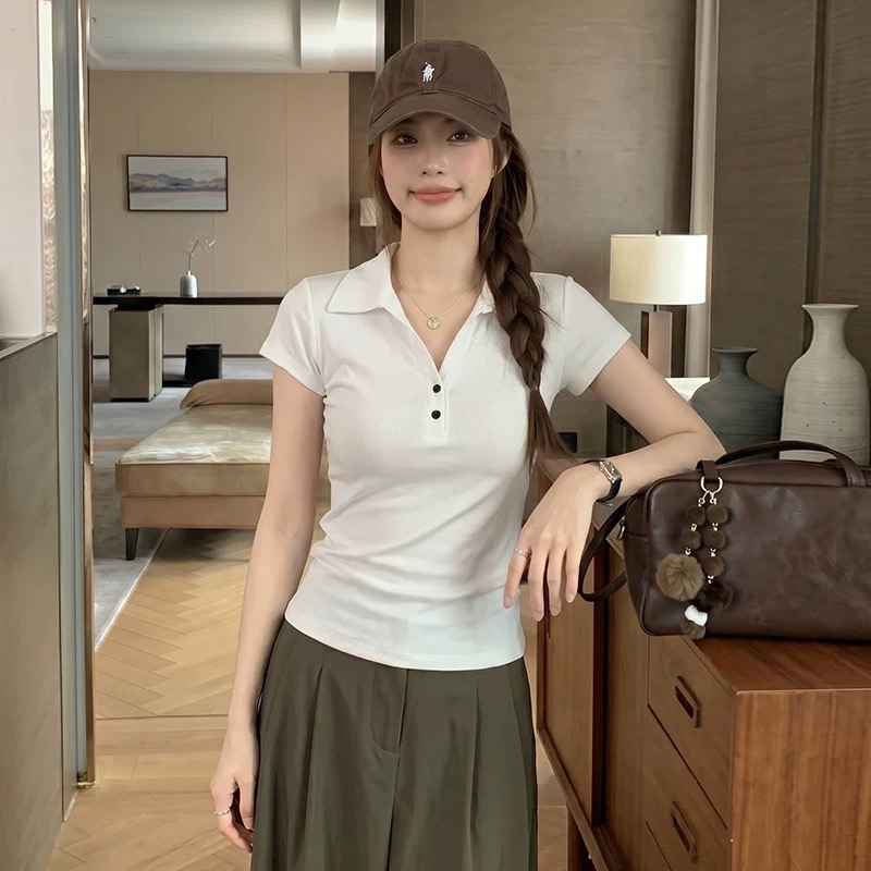 한 부서 품격 POLO 칼라 긍정적 인 어깨 반팔 티셔츠 여성 여름 몸매 가꾸기 슬림해 보이는 다용도 작은 대중 맨위