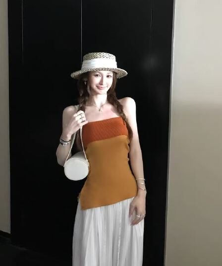 몸매 가꾸기 슬림해 보이는 패치워크 배색 행침 목 슬립 여성 봄 여름 한 부서 순수한 욕망 핫걸 바람 니트 민소매 조끼 맨위