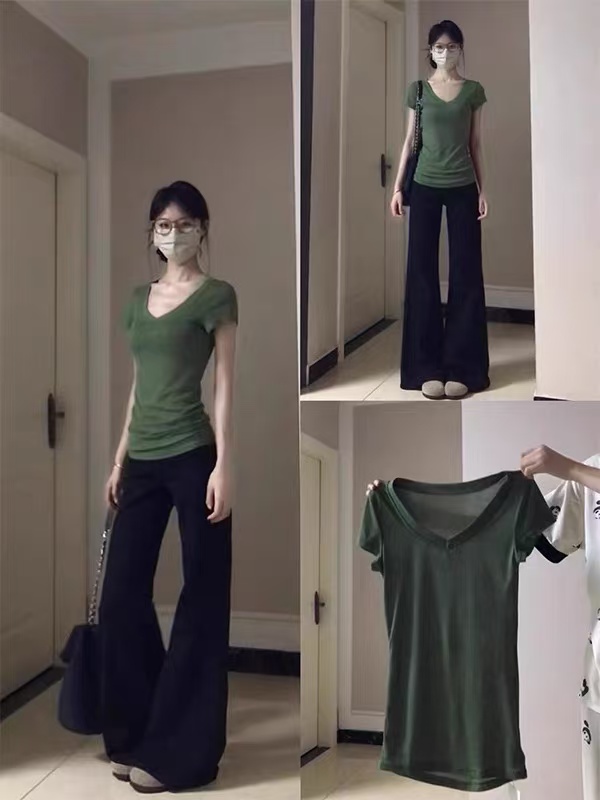 녹색 한 부서 V넥 반팔 티셔츠 여성 여름 유럽 상품 출퇴근 바람 패션 몸매 가꾸기 슬림해 보이는 다용도 긍정적 인 어깨 의류