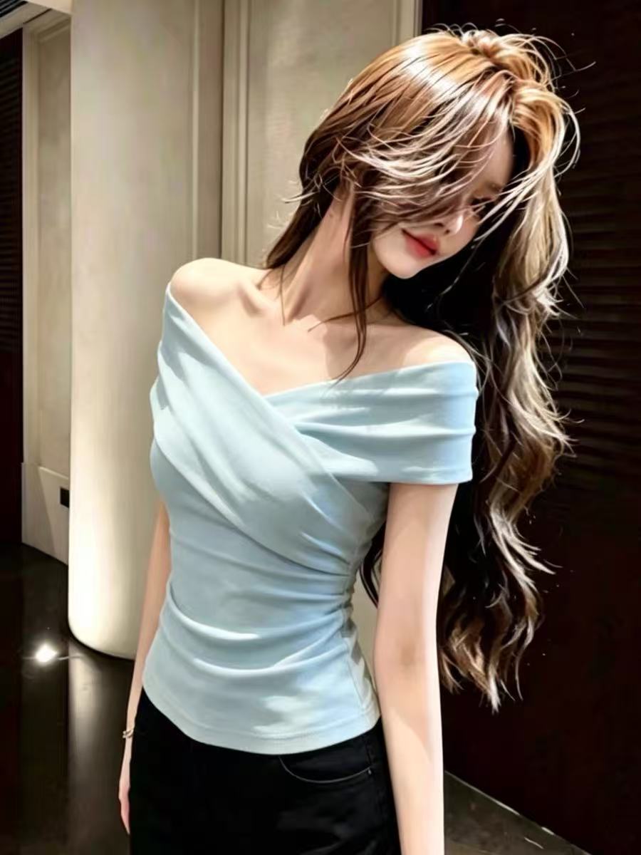 패션 부드러운 푸른 녹색 십자가 오프숄더 오프숄더 꼬집기 허리 반팔 티셔츠 여성 여름 섹션 외국 가스 몸매 가꾸기 맨위