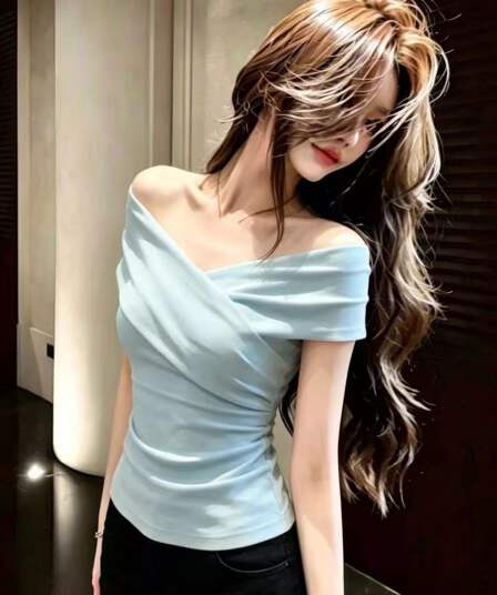 패션 부드러운 푸른 녹색 십자가 오프숄더 오프숄더 꼬집기 허리 반팔 티셔츠 여성 여름 섹션 외국 가스 몸매 가꾸기 맨위