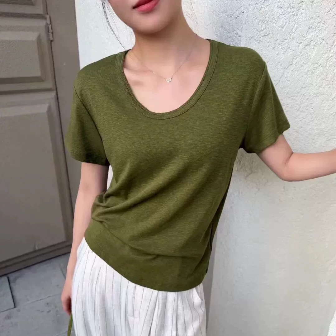 반팔 u 칼라 티셔츠 여성 봄 여름 가을 겨울 다용도 슬림해 보이는 만나는 셔츠 표시 쇄골 맨위