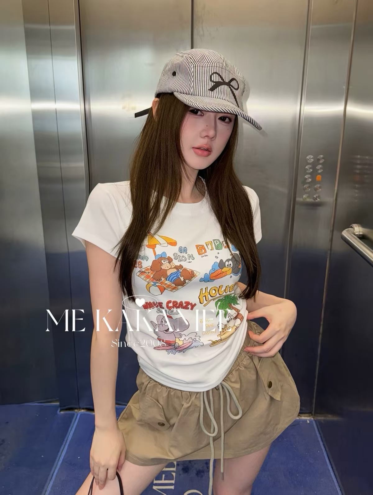 한 부서 만화 섬 채 사출하다 작은 에디션 높은 탄력성 반팔 티셔츠 여성 슬림해 보이는 긍정적 인 어깨 의류
