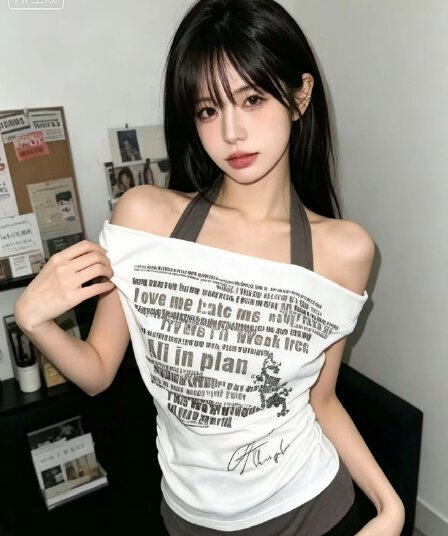 아메리칸 레트로 알파벳 프린트 페이크 레이어드 반팔 티셔츠 여성 여름 오프숄더 몸매 가꾸기 슬림해 보이는 y2k 핫걸 맨위