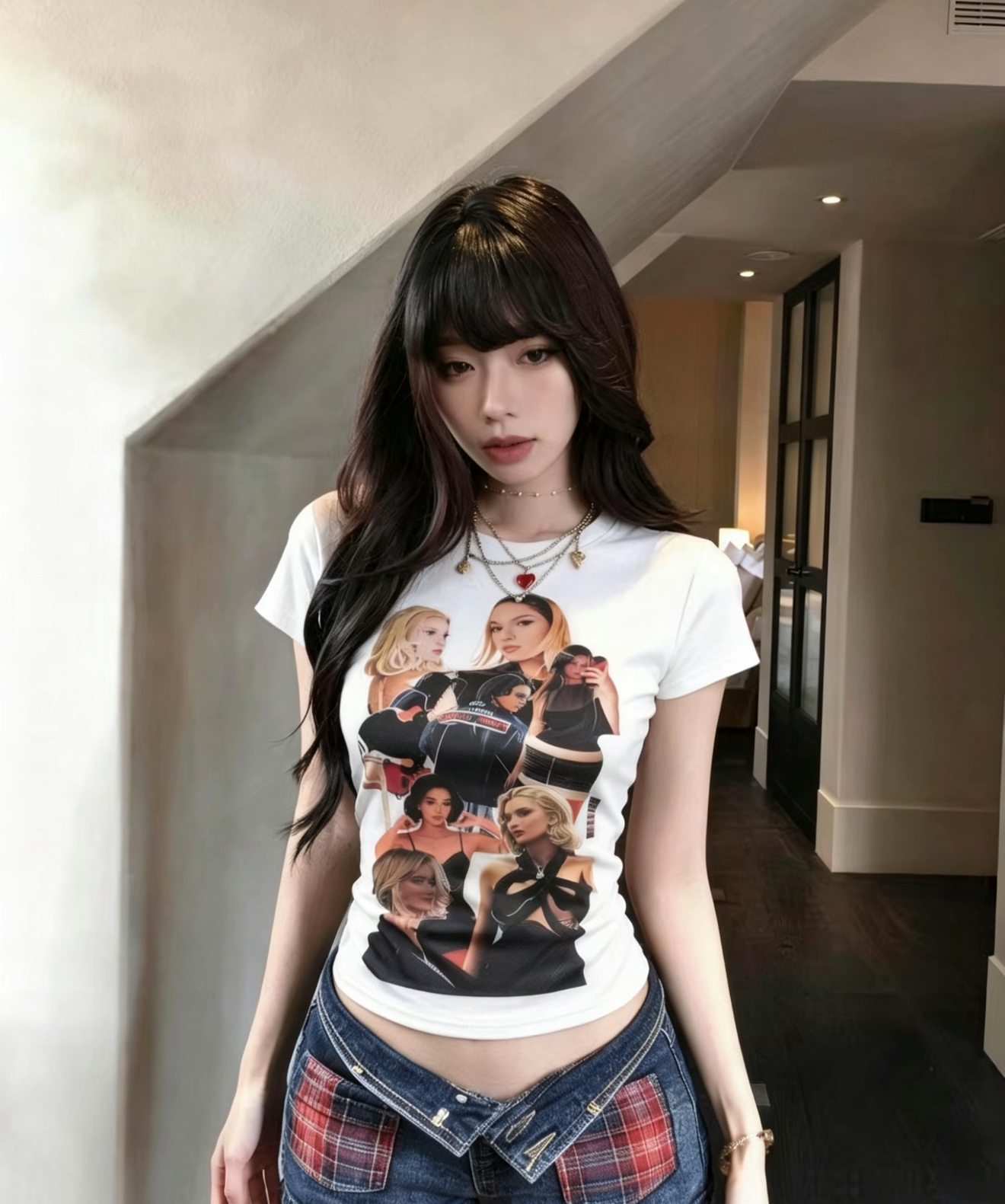 여름 새로운 라운드 넥 프린트 몸매 가꾸기 짧은 티셔츠 다용도 디자인 센스 한 부서 캐주얼 바람 슬림해 보이는 맨위