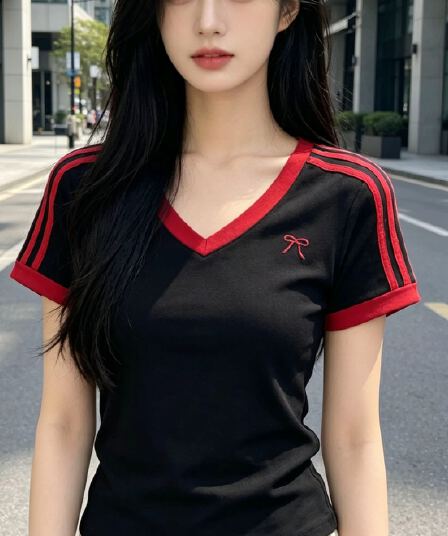 아메리칸 V넥 패치워크 반팔 긍정적 인 어깨 티셔츠 여성 여름 검정색 몸매 가꾸기 슬림해 보이는 핫걸 짧은 맨위