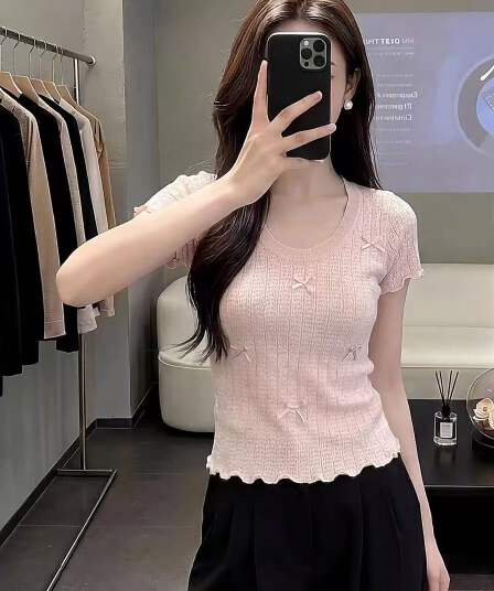 여름 새로운 달콤한 스타일 핑크색 나비 매듭 니트 반팔 티셔츠 여성 몸매 가꾸기 슬림해 보이는 디자인 센스 다용도 맨위