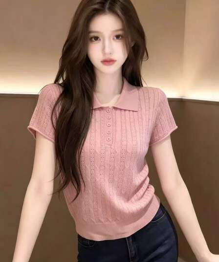 한 부서 고유 한 아름다운 POLO 칼라 홀로우 아웃 반팔 니트 스웨터 여성 2026 년 여름 몸매 가꾸기 슬림해 보이는 얇은 스타일 맨위
