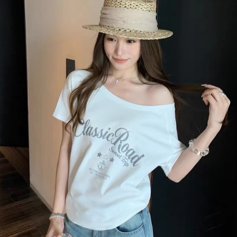 한 부서 레트로 알파벳 프린트 비스듬한 어깨 반팔 티셔츠 여성 여름 루즈핏 느긋한 순수한 욕망 다용도 맨위