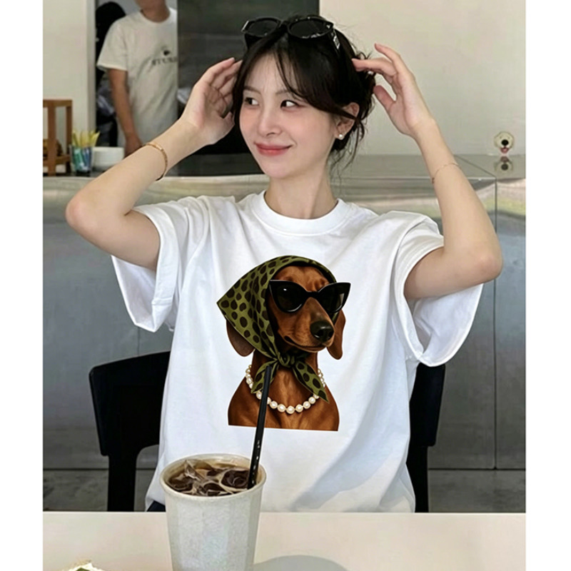 아메리칸 레트로 강아지 프린트 반팔 티셔츠 여성 여름 새로운 루즈핏 다용도 디스플레이