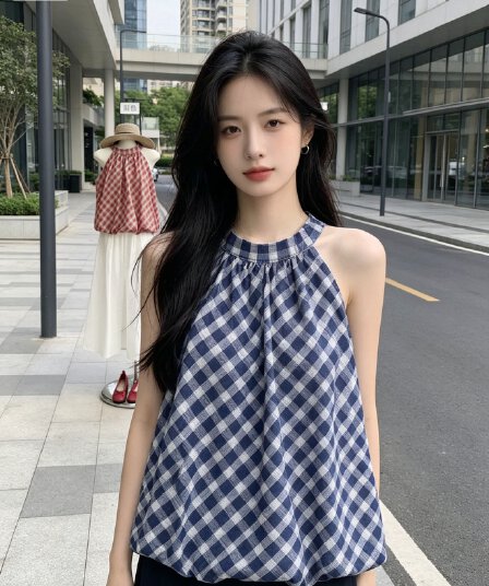 2026 여름 새로운 민소매 체크무늬 퍼프 꽃밭 셔츠 레트로 여성 작은 키 라운드 넥 캐미솔 맨위