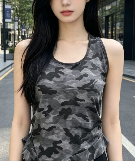 핫걸 카모플라주 u 칼라 행침 목 캐미솔 여름 유럽과 미국 ins 바람 몸매 가꾸기 표지 대리인 우유 단어 조끼