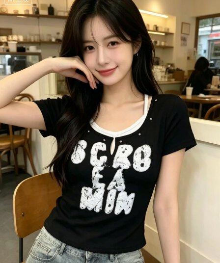 여름 새로운 달콤한 매운맛 바람 배색 패치워크 V넥 프린트 반팔 몸매 가꾸기 슬림해 보이는 패션 다용도 여성 티셔츠
