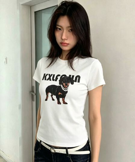 진주 목걸이 닥스 훈트 재미있는 프린트 아메리칸 레트로 남녀 반팔 라운드 넥 티셔츠