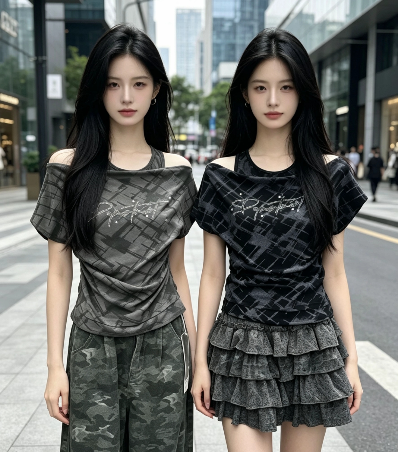 한 부서 레트로 배색 체크무늬 오프숄더 반팔 티셔츠 여성 여름 달콤한 매운맛 바람 핫걸 맨위 ins